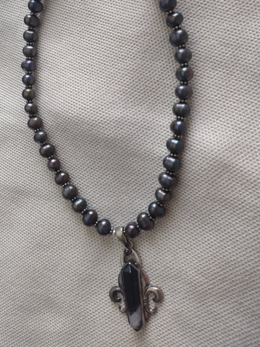 Vintage handmade pearl fleur de lis necklace - handmade - one of a kind - purple